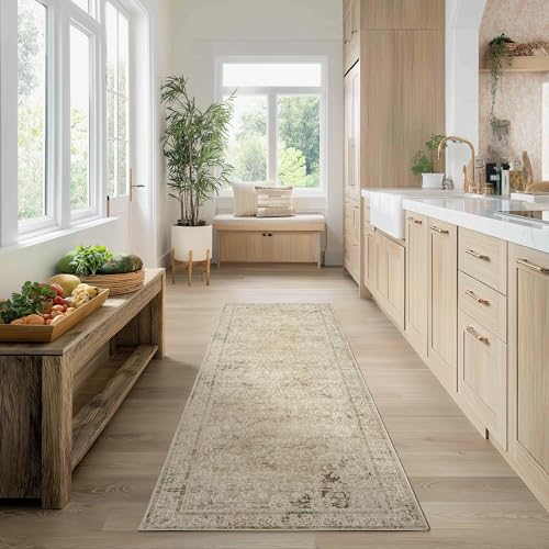 Neutral Farmhouse Hallway Rug Runner 2x6 Washable Non Slip Rubber Backing Vintage Modern Boho Runners Rugs for Entryway Indoor Kitchen Bathroom,Tan Brown and Cream Beige - color: Cream&light Tan, size: 2' x 6' (Rectangular)