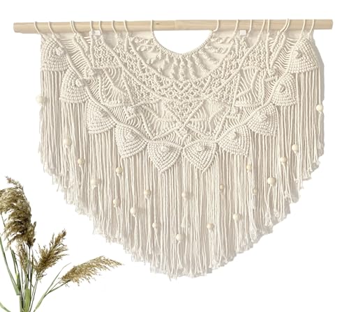 Youngeast Large Macrame Wall Hanging Boho Beaded Curtain for Window Macrame Bedroom Headboard Living Room Wall Art Tassel Tapestry Bohemian Woven Wall Decor 31" W X 25" H (Beige) - color: Beige