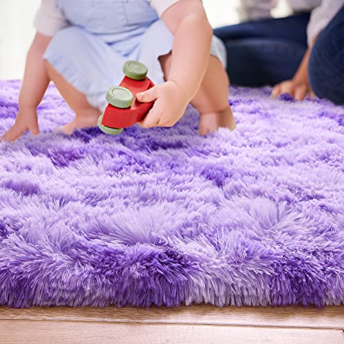 junovo Ultra Soft Washable Shaggy Rug - Non-Slip Oval Carpet for Nursery, Kids Bedroom & Home Decor (2.6x5.3ft Tie-Dye Purple) | Plush Fluffy Floor Mat for Cozy Living Spaces - color: Tie-dye Purple, size: 2.6' x 5.3'