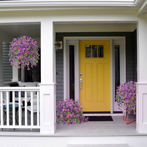 Ammyoo Artificial Fake Hanging Flowers Plants with Basket for Outdoor Spring Decoration, Faux Silk Daisy Flower Real Touch UV Resistant for Outside Porch Patio Garden Yard Home Decor(Purple Lotus) - color: Purple Deep Purple