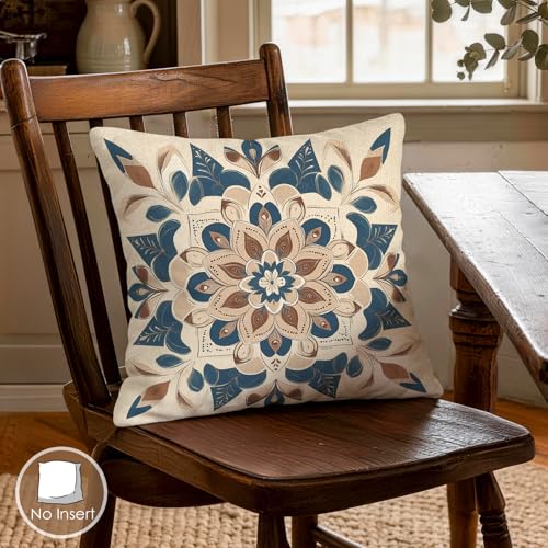 OBSEDE Blue Floral Mandala Decorative Throw Pillow Covers 18x18 Set of 4 Faux Linen Cushion Cases Single-Sided Print Boho Light Blue Accent Pillows for Couch Sofa - color: Blue Floral Mandala