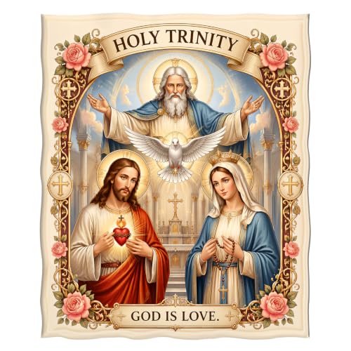 Levens Christian Holy Trinity Flannel Throw Blanket 50x60 | Sacred Heart Jesus Mary Religious Blanket for Christian Gift, Chapel, Prayer Room, Meditative Devotional Decor, Spiritual Blessing Gift - color: Holy Trinity, size: 50"x60"