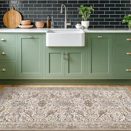 Hazo Haus Boho Moss 2x5 Laundry Room Rug - Floral & Bird Runner Rug for Kitchen Floor, Hallway, Bedroom, Entrance, Taupe Green Neutral Vintage Decor, Washable Non Slip Low Pile - color: Moss Green, size: 2' x 5' (Runner)