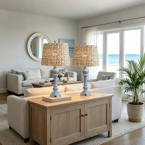 Maxax 26" Boho Rattan Table Lamps Set of 2 with USB A+C Ports, Coastal Bedside Lamps with Rattan Shade, Distressed Antique Blue Farmhouse Wicker Lamps, Rustic Resin Nightstand Lamps for Living Room - color: Antique Blue