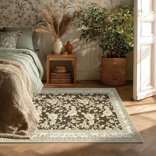 Brown Floral Print Area Rugs for Bedroom Living Room Boho Farmhouse Country Rustic Dining Room Carpet Soft Washable Rugs Non Slip Floor Covering for Nursery Playroom 3x5 - color: Sketch Floral Brown, size: 3' x 5' (Rectangular)