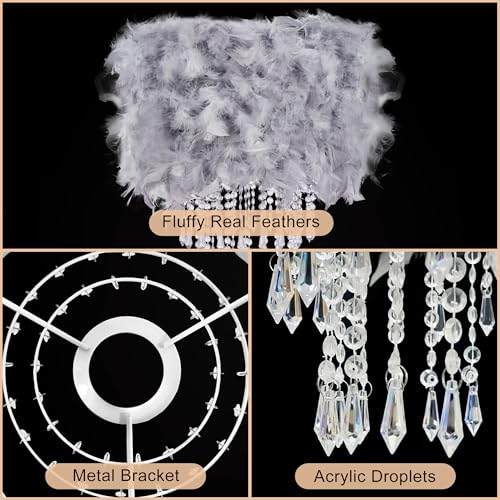 Feather Lamp Shade with Acrylic Beads Droplets, Fluffy Light Shade for Pendant, Table, Floor & Wall Lighting, Girl Bedroom Decor, ID 15.7inch, OD 19.7inch, Grey - color: Grey, size: 19.7 inches