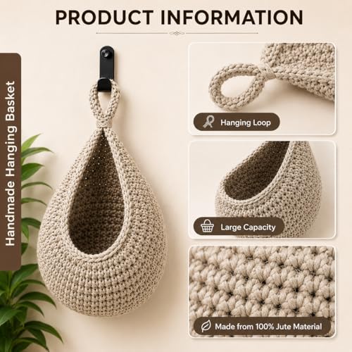 Boho Decor Hanging Fruit Baskets for Kitchen, 3 Pack Handwoven Teardrop Wall Hanging Baskets with Hooks, Storage for Fruits, Onions, Vegetables & Potatoes, 3 Sizes for Home, Light Linen - color: Large-Light Linen