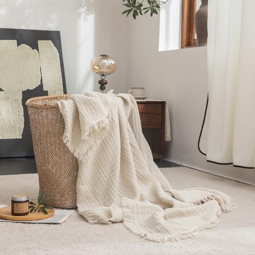 FOSSA Muslin Blanket with Fringe - 4-Layer 100% Cotton Gauze Super Soft & Breathable Throw -Lightweight Decorative Cooling Blanket for Bed, Sofa, Office -Throw XL Size 50" × 70" (Beige) - color: Beige, size: Throw XL (50" × 70")