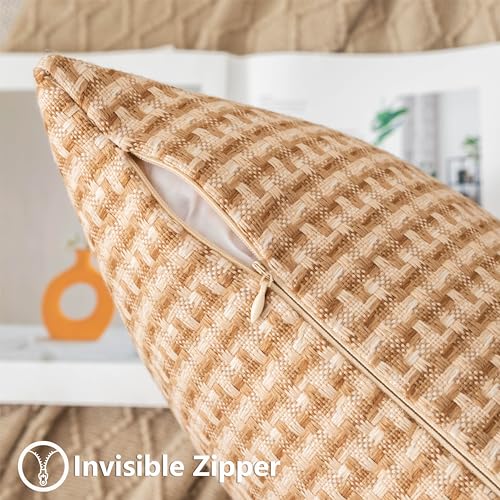 UGASA Outdoor Waterproof Pillow Covers Pack of 2 Weaving Texture Water Resistant Outside Decorative Pillow Cases for Patio Garden Porch Yard Bench Tent 18x18 Inch, Light Brown - color: Light Brown, size: 18" x 18" (Pack of 2)