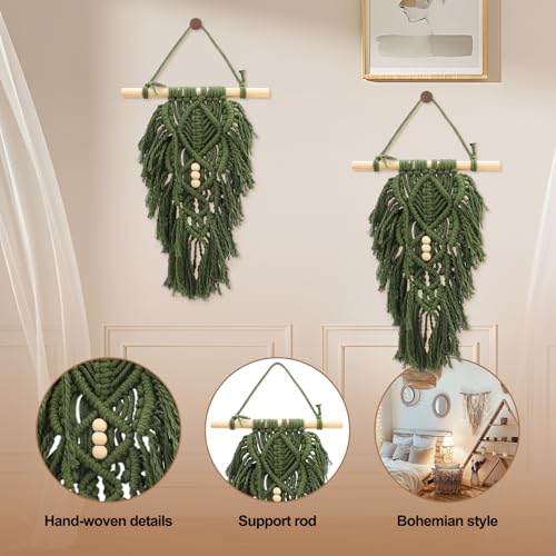 ASTIMESA 2 Packs Handmade Macrame Leaves Wall Hanging Decor, Vintage Woven Leaf Tapestry, Chic Boho Wall Art with Tassels Beads for Living Room Bedroom Home Green - color: Green