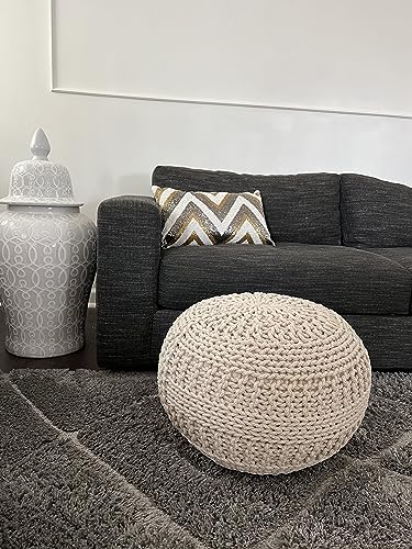 NOORI Home - Premium Luxury 100% Handmade & Handcrafted Cable Style Cotton Knitted Jade Comfortable Pouf, Ottoman, Footrest, Footstool - Beige - 20"x20"x14" - color: Beige