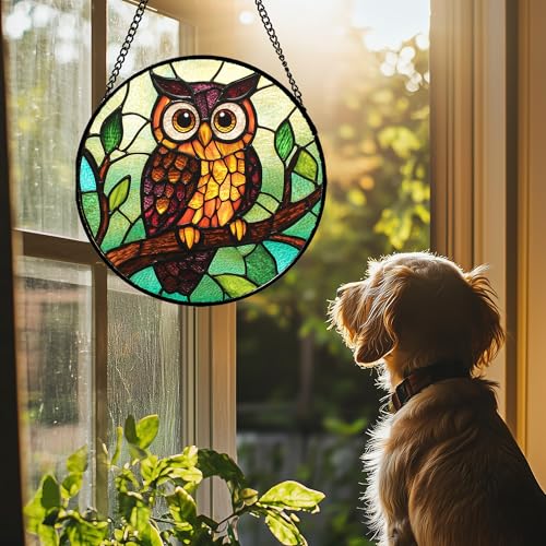 Stained Glass Window Hanging - Owl on a Branch Suncatcher for Doors Window Home Orange Brown Sun Catchers Decor Christmas Mother's Day Birthday Gifts for Teacher Women Men Mom Nana 9.8 in - color: Green and Brown, size: 9.8x9.8 IN