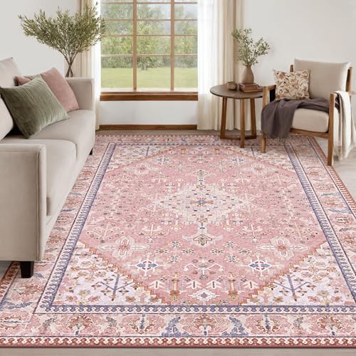 5x7 Area Rugs for Living Room, Machine Washable Low Pile Rug, Non Slip Backing Boho Rugs for Bedroom, Printed Soft Vintage Carpet Peach Pink 5 x 7 - color: 08/Peach/Soft Blush/Thistle/Terracotta, size: 5' x 7' (Rectangular)