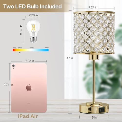 GyroVu Crystal Table Lamp for Bedroom, Touch Control Bedside Lamp with USB-C+A Ports, Dimmable Gold Bedside Lamp with Bulb, Nightstand Lamp Modern Light for Living Room - color: Gold, size: 17"