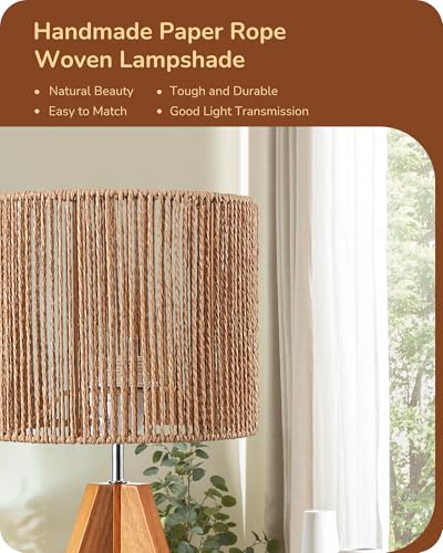 EDISHINE Small Rattan Table Lamp, Wood Tripod Bedside Lamp, Boho Nightstand Lamp for Living Room, End Table, Office, E26 Base, Natural Style - style: Vertical Stripes