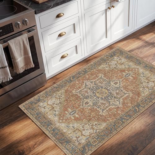 2x3 Washable Small Front Door Terracotta with Vintage Orient Design, Soft Rug for Entryway or Kitchen, Non-Slip Low Pile Stain Resistance Features, Distressed Medallion Pattern - color: 01/Terracotta/Almond/Midnight/Toffee, size: 2' x 3' (Rectangular)
