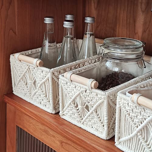 ANMINY 5PCS Macrame Storage Baskets for Organizing Boho Decor Baskets Storage Bins with Wood Handles Handmade Decorative Storage Boxes with Removable Liner Toilet Tank Bathroom Self Basket Organizer - color: Off White (Set of 5)