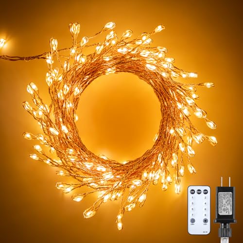 Minetom Fairy Lights Plug in, 23Feet 400LED Cluster String Lights, Copper Wire Waterproof Starry Firecracker Lights for Ceiling Bedroom Wreath Window Wedding Christmas Tree Decorations, Warm White - color: Warm White, size: 1 Pack(400LED&Remote)