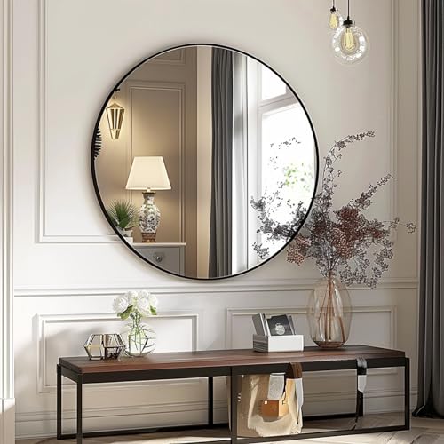 Sunniry Round Mirror 28 inch, Round Black Mirror, Circle Bathroom Mirrors Metal Frame, Wall Mounted Circle Mirrors for Bathroom, Living Room, Hallway, Farmhouse. - color: Black, size: 28"L x 28"W