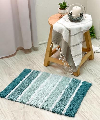 Chardin home Cordural Stripes Bath Mat, Set of 2 Bath Rugs (17x24 Inches & 21x34 Inches) | Non Slip Bathroom Rug, Machine Washable, Plush, Highly Absorbent | Teal Blue-Green-White - color: Teal Blue/Green