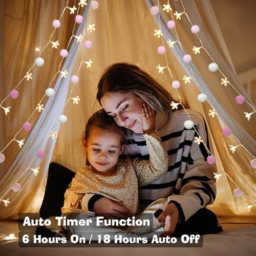 9.85Ft Fairy Lights 20 Cute Pink Pompoms 20 LEDs Cherry Blossom String Garland Battey Operated with Timer Flower Lights for Bedroom Kids Room Party Birthday Wedding Valentines Decoration - style: Pink-Cherry Blossom