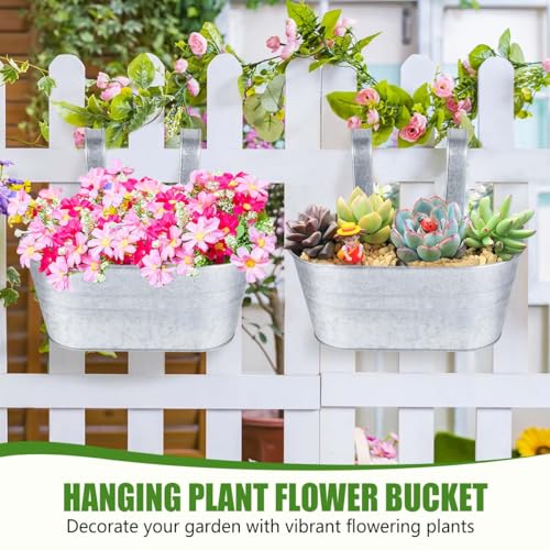 OBTANIM 4 Pack Metal Hanging Flower Pots Iron Railing Planter Outdoor Fence Hanging Pots Bucket Plant Holder with Detachable Hooks Drain Holes for Home Garden Yard Decor (Silvery) - color: Silvery