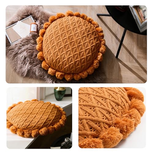 Byitre Bohemian Round Pillow 20 Inch | 100% Cotton Decorative Pillow Hand Tufted with Chunky Textured Poms | Boho Throw Pillow for Bed or Couch | Natural Orange Throw Pillow - color: Lattice Orange