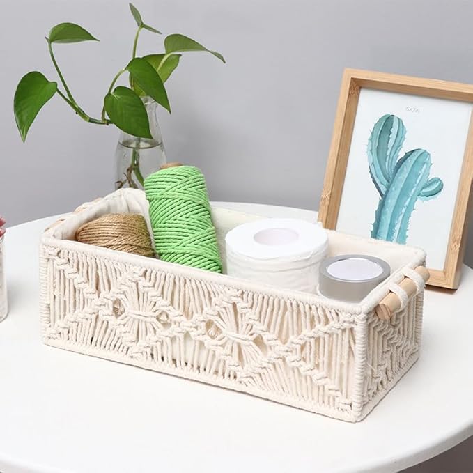 Macrame Storage Baskets Boho Decor Box for Organizing, Handmade Woven Decorative Basket for Countertop Toilet Tank Shelf Cabinet Organizer Bedroom Livingroom Home