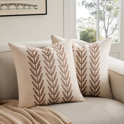 100% Cotton Farmhouse Leaves Throw Pillow Covers Set of 2, 18x18 Inch Caramel Pastoral Decorative Print Cushion Covers for Sofa Bed Living Room Home Decor - color: Caramel, size: 18" x 18" (Pack of 2)