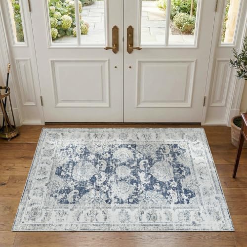 jinchan Fiora Floral Area Rug 3x5, Distressed Vintage Floral Washable Rug with Low-Pile Surface and Non-Slip Backing, for Bedroom Nursery Reading Corner Home Office and Small Living Spaces, Dark Blue - color: Distressed Dark Blue, size: 3' x 5' (Light Wei
