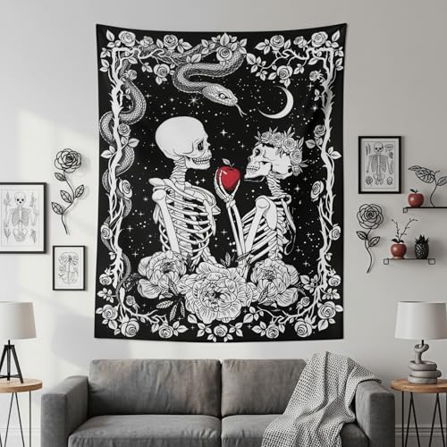 Accnicc Skeleton Lovers Tapestry Gothic Skull Vertical Tapestries Wall Hanging Black and White Floral Plant Snake Horror Large Tapestry for Bedroom Living Room Dorm 80 x 60 inch - color: Black, size: 80"L x 60"W
