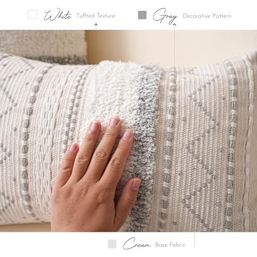 BlissBlush 12x20 Lumbar Pillow Cover, Cream Neutral Rectangular Decorative Cushion Cover with Gray Pattern, Boho Accent Pillowcase with Tassels for Couch Sofa Living Room (Cover Only) - color: Gray, size: 20" x 12" (Pack of 1)