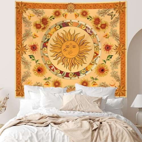 Apdidl Boho Sun and Moon Yellow Tapestry for Bedroom, Vintage Indie Hippie Orange Wall Tapestries, Nature Sunflower Blanket Cute Wall Hanging, Butterfly Moth Aesthetic Art Decor for Living Room 51" X 60" - color: Yellow Sun Tapestry, size: 60"L x 51"W