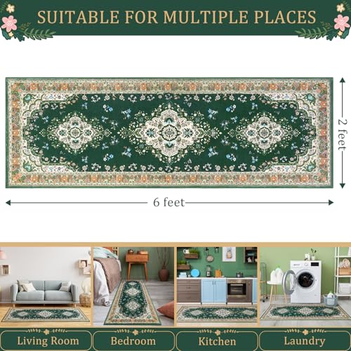 HOMORE Vintage Runner Rug-2x6 Runner Rug for Bedroom Non Slip Washable Hallway Runners Rugs for Kitchen Floor Carpet for Entryway Living Room Laundry Dorm Office, Green - color: Deep Green, size: 2' x 6' (Rectangular)