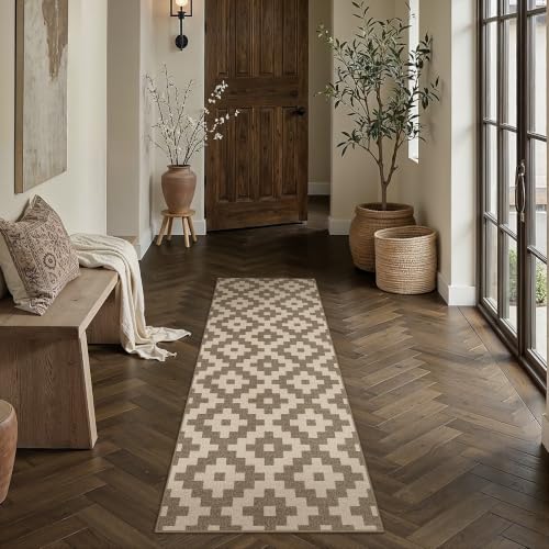 PureCozy Brown Runner Rug 2x6 Washable Long Carpet Low Pile Traditional Distressed Retro Accent Indoor Hallway Throw Rug Non Slip for Kitchen Laundry Bathroom Dining Room - color: Brown&beige, size: 2' x 6' (Runner)