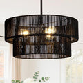 Black Boho Rattan Chandelier 18'' Hand Woven Chandelier Light Fixture 3-Light Farmhouse Drum Pendant Light for Dining Room Bedroom Kitchen Hallway Foyer - color: 18" Black Rattan