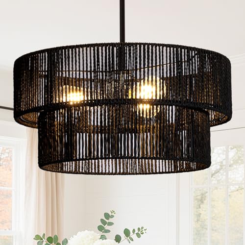 Black Boho Rattan Chandelier 18'' Hand Woven Chandelier Light Fixture 3-Light Farmhouse Drum Pendant Light for Dining Room Bedroom Kitchen Hallway Foyer - color: 18" Black Rattan