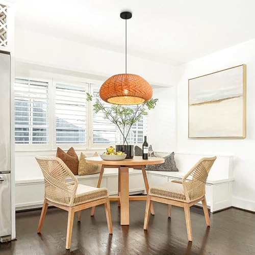 Farmhouse Pendant Light, 19" Rattan Handwoven Boho Chandelier for Dining Room, Farmhouse Ceiling Light Fixture with Adjustable Cord, Natural Wicker Hanging Lamp for Kitchen Island, Bedroom, E26 Base - color: D3038
