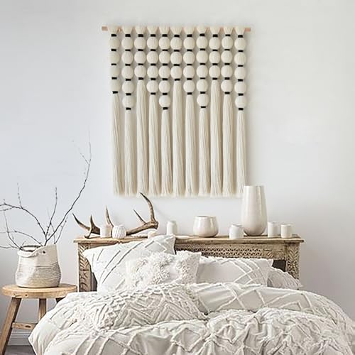IOWER Macrame Wall Hanging 27" W x 31" L Boho Wall Decor Sphericity Cotton Textile Wall Hanging Art Fiber Yarn Art Handmade Detachable Assembly - color: Beige Medium