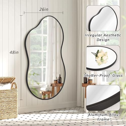 JJUUYOU Irregular Wall Mirror Black Metal Framed Decorative Asymmetrical Bathroom Mirrors Large 26"x47" for Living Room Bedroom Entryway Hanging Home Decor - color: Black, size: 47"L x 26"W