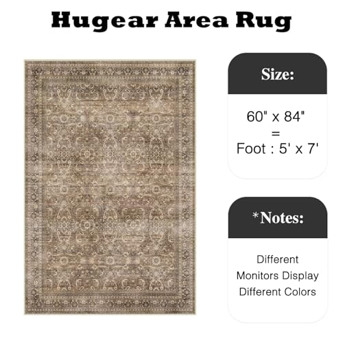 HUGEAR Area Rug 5x7 Vintage Brown Machine Washable Living Room Rugs Distressed Retro Floral Vacuumable Low Pile Carpet Bedroom Office Dining Room Laundry Room Non Slip Soft Lightweight - color: Retro | Brown, size: 5' x 7' (Rectangular)