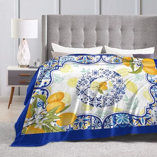 Summer Lemon Throw Blanket for Couch Chair Sofa Bed, Flannel Soft Watercolor Mediterranean Ceramic Tiles Floral Blanket for Bedroom Living Room Car, Warm Cozy Blankets for All Season 30"x 40" - color: Lemon04, size: 30X40 inch