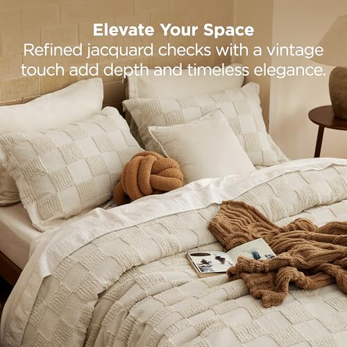 Bedsure Queen Size Comforter Set Beige, Boho Tufted Bed Set, Checkered Farmhouse-Style Distressed Vintage Bedding, 3 Pieces, 1 Plaid Geometric Comforter and 2 Pillow Shams - color: 01 - Beige - Tufted Checkboard, size: Queen