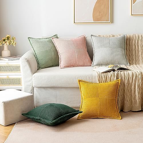 MIULEE Decorative Euro Sham Throw Pillow Covers for Couch Bed Livingroom 26x26 Inch Set of 2 Dark Green Boho Accent Throw Pllows Broadside Striped Patchwork Soft Corduroy Pillowcases