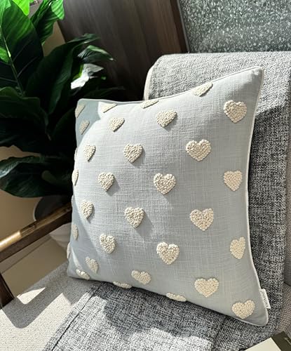 VAGMINE Hand Embroidered Heart Tufted 18x18 Throw Pillow Cover - Blue Grey Cotton Square Cushion for Sofa Couch Bed Nursery - Boho Valentine Decor - French Knots - color: Robins Egg-french Knots, size: 18" x 18" (Pack of 1)