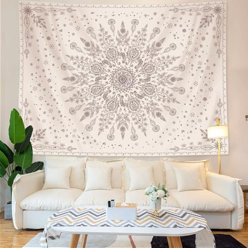 Lunerfex Boho Floral Tapestry Mandala Wall Tapestry, Cute Tapestries for Bedroom Beige Flower Tapestries Wall Hanging for Bedroom Living Room Decor Beige-1 60"x80" - color: White Black, size: 80"L x 60"W