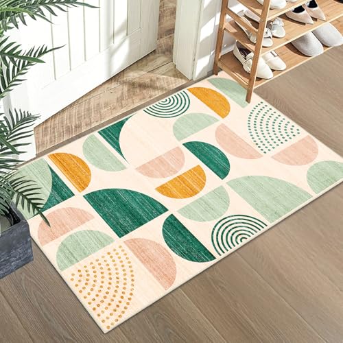 MUJOO Green Small Rug Washable,Boho Area Rugs for Entryway Bathroom Entry Entrance Bedroom Kitchen,Front Door Mat Throw Carpet Non Slip Indoor Soft Modern Abstract 2x3 Sage Green - color: Green and Yellow, size: 2' x 3' (Rectangular)