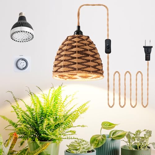 Hanging Grow Light, 30W LED Lamp with Timer for Indoor Plants | 4000K LED plant lamp with 15 ft cord, outlet timer, and boho paper rope shade for succulents, herbs, and low-light rooms. - color: Dome