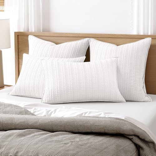 Set of 2 Decorative 100% Cotton Waffle Euro Sham Pillow Covers 24x24, Neutral Throw Pillows Weave European Cushion Cases for Couch Sofa Bed Modern Farmhouse Home Decor, White - color: White, size: 24" x 24" (Pack of 2)