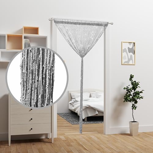 2 Pieces Door String Curtain Doorway Beads Curtains,Hanging Room Divider Beaded Decor Hippie Glitter Fringe Panel Closet Window Doors Sequin Sheer Boho Doors Tassel - color: Silver